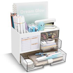 White Desk Organizer with 3 Drawers, 8 Compartments for Office Supplies
